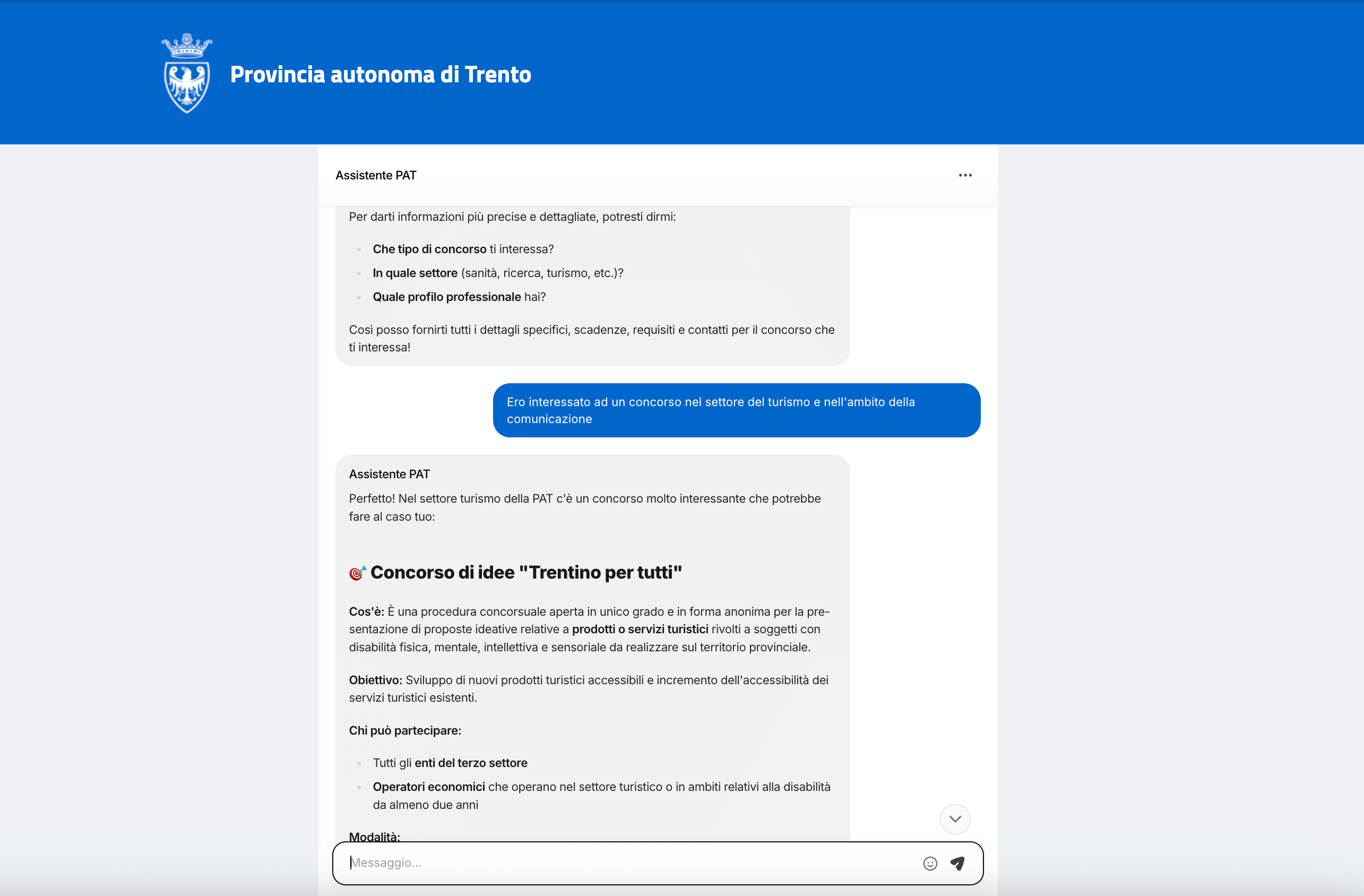 Schermata del prototipo di chatbot usato nei test di ricerca utenti per PAT.