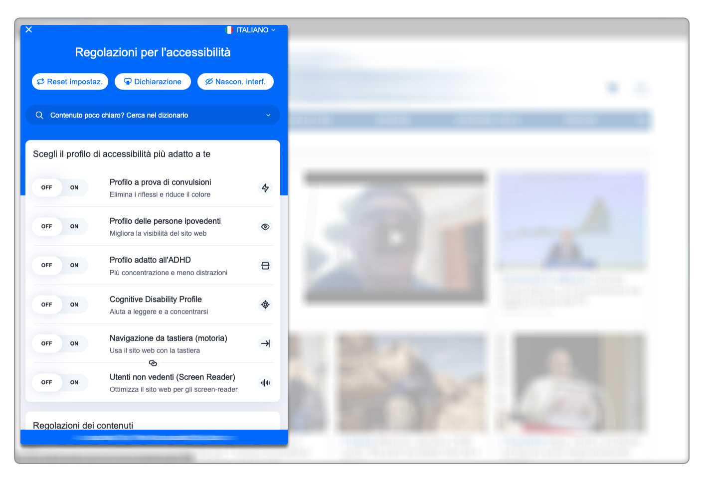 Una schermata di una pagina web con uno strumento di sovrapposizione dell'accessibilità.