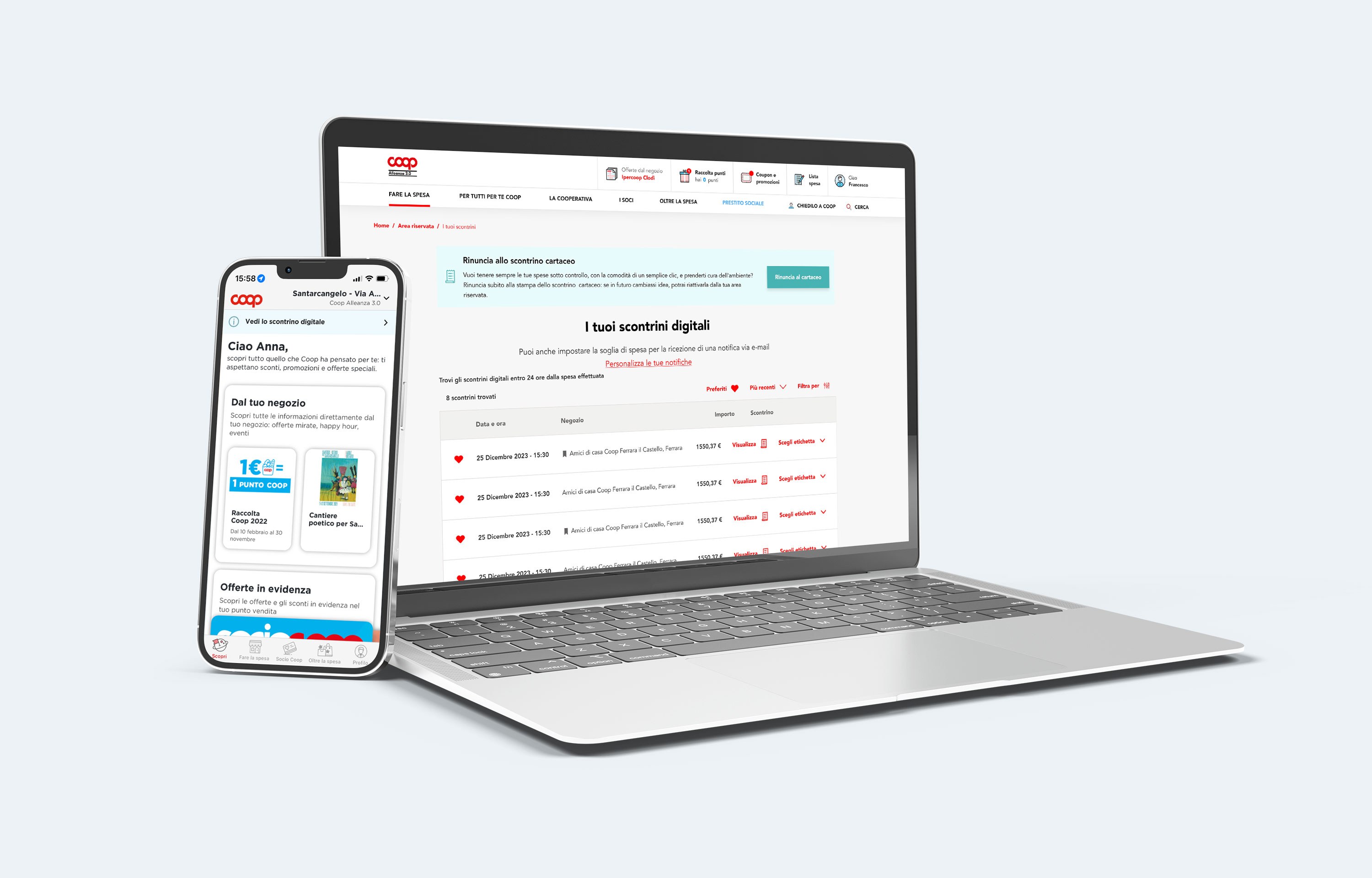 Un laptop aperto una schermata dell'area riservata di Coop Alleanza accanto ad uno smartphone che mostra un'altra schermata dell'app.