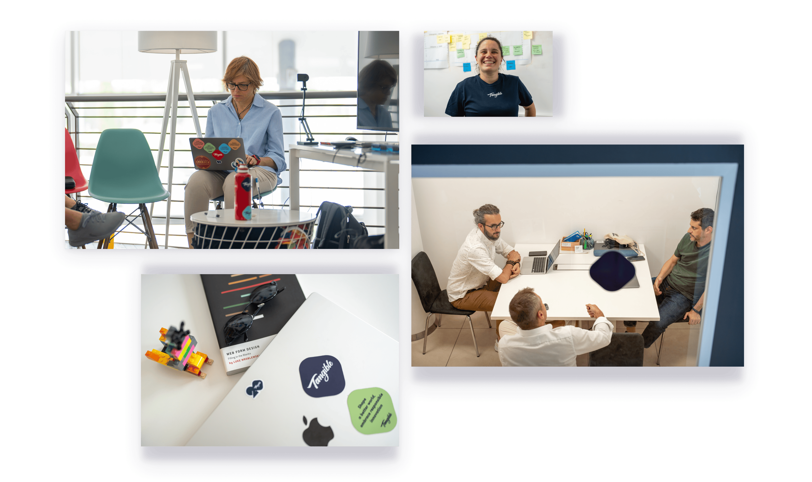 Quattro foto che mostrano momenti del team Tangible: workshop, riunioni di co-design, lavoro collaborativo e confronto su prototipi.