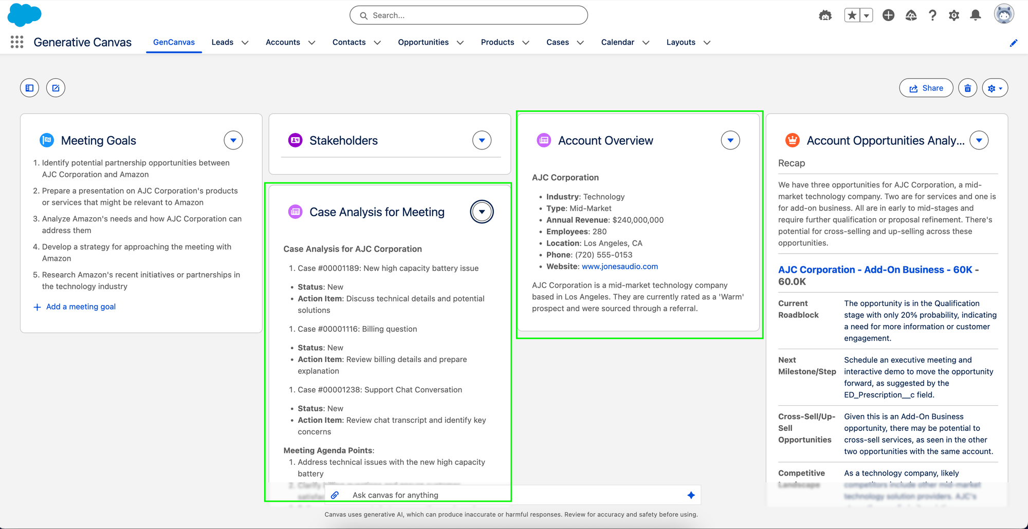 Interfaccia di Salesforce Generative Canvas con pannelli informativi su obiettivi di riunione, stakeholder e panoramica account.