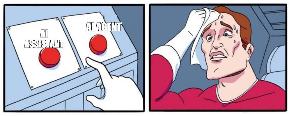 Meme in stile cartoon di un personaggio in difficoltà davanti a due pulsanti, uno con scritto “assistita” e uno “agentiva”, che simboleggiano il dilemma tra controllo umano e automazione dell’AI.