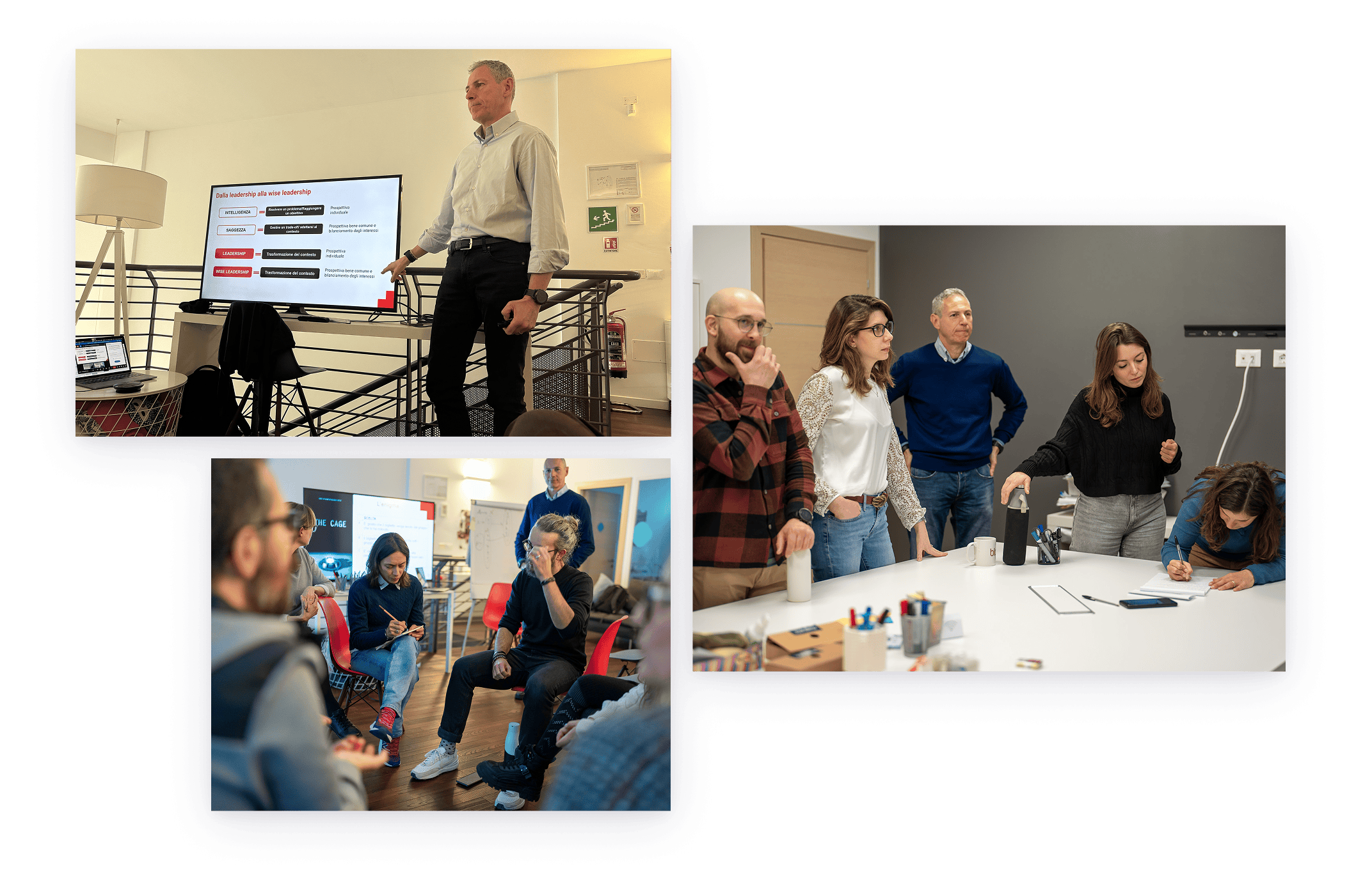 Collage di immagini dai precedenti appuntamenti formativi di Tangible con Alessandro Cravera, con momenti di lavoro di gruppo, confronto e facilitazione durante workshop in presenza.