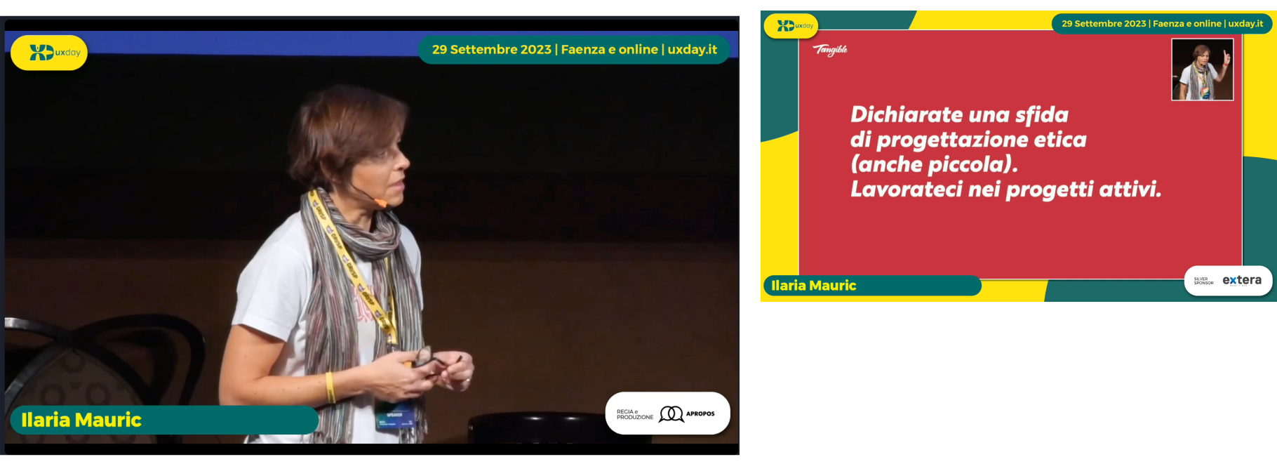 Ilaria Mauric durante il suo keynote di chiusura a uxday 2023. In un frame viene presentata una slide con la scritta 