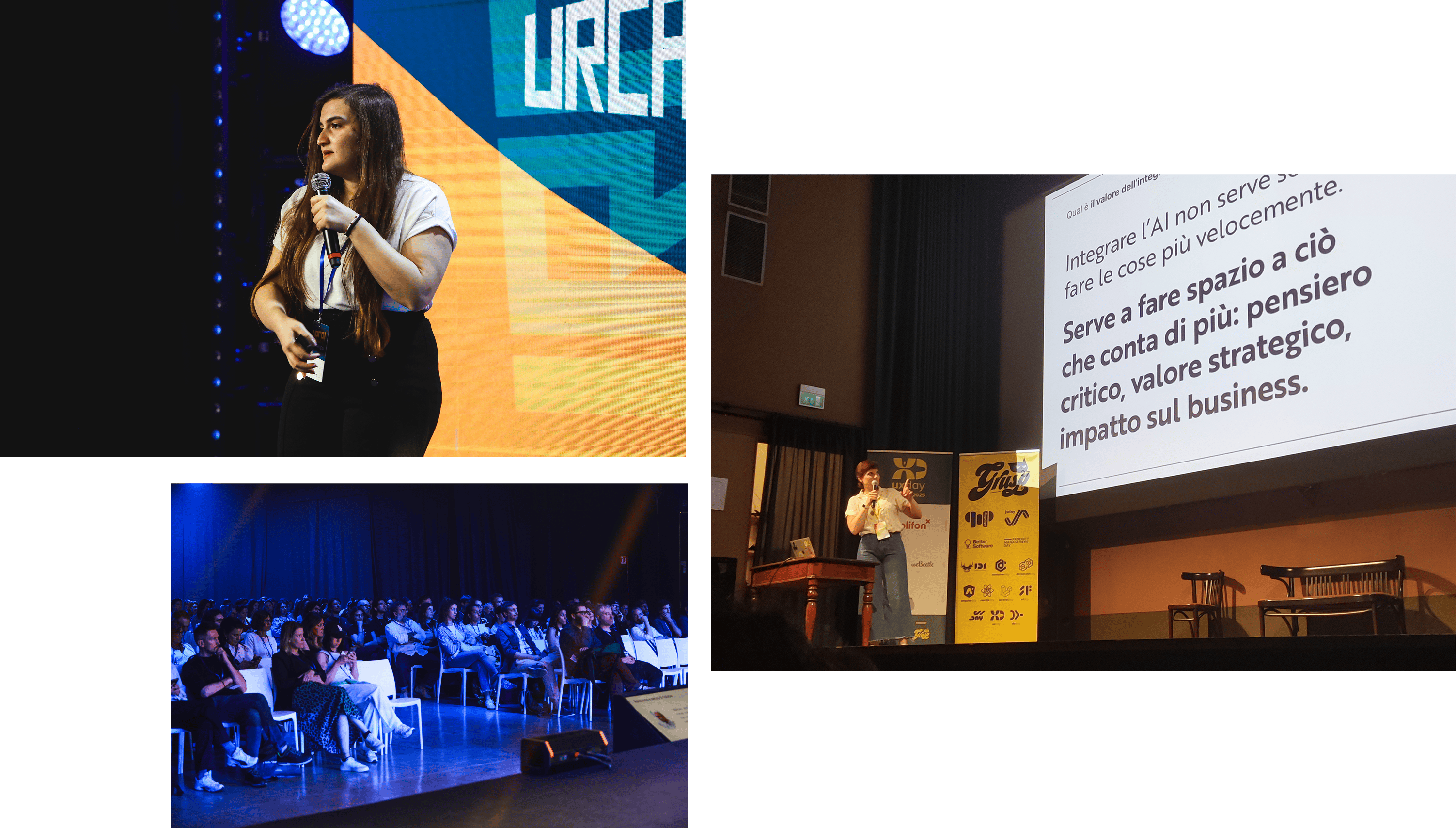 Caterina e Valentina sul palco durante due talk dedicati al ruolo strategico dell’AI, con pubblico in sala e slide proiettate.