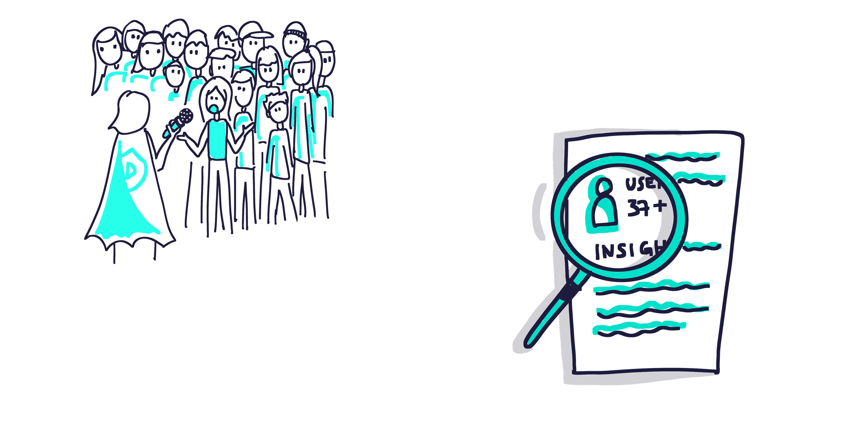 Illustrazioni disegnate a mano che mostrano un’analisi di insight utenti e un supereroe designer intento a intervistare un gruppo variegato di persone.